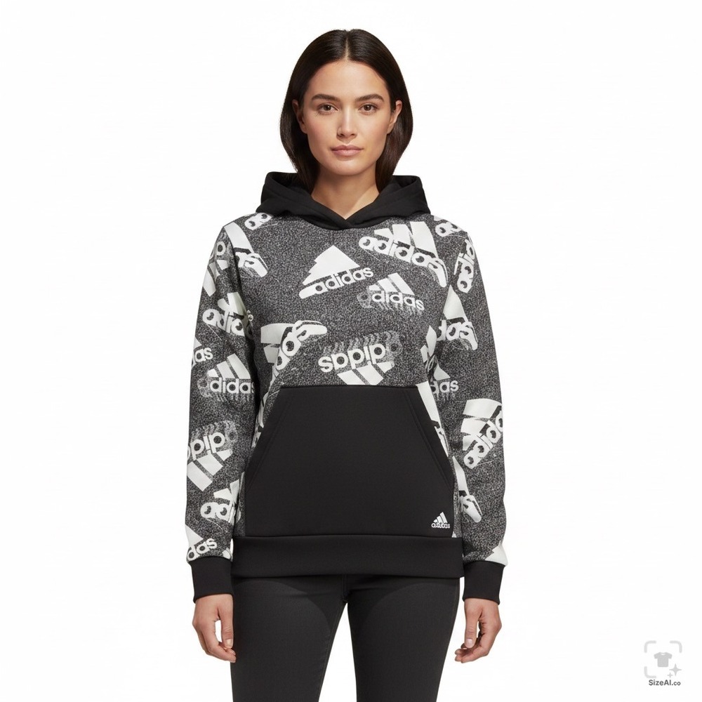 Adidas Women XL Black All Over Logo Print Reglar Fit Pullover Hoodie AA7488